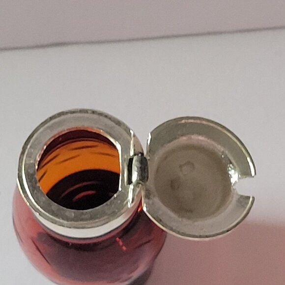 Vintage Red Glass Syrup Dispenser Condiment Jar Silver Hinged Lid Etched Floral - Picture 4 of 8